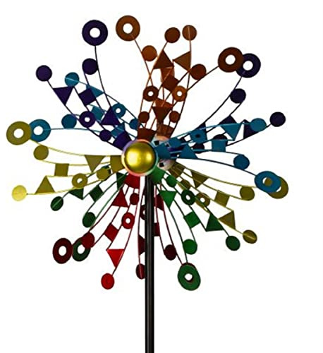 Windrad Metall doppelt Formen Bunt Gartenstecker H 180 cm D 46 cm Windspiel Garten Blume Windmühle