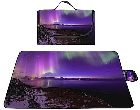 Yoonqun Picknickdecke 200x300cm,XXL Picknickdecke mit Wasserdichter Unterseite,Outdoor Stranddecke Sandfrei,mit Tragegriff Faltbare Picnic Blanket für Camping,Strand,Park,Familie,Konzerte Lila Aurora