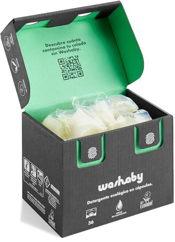 Detergente Ecológico Lavadora | Pack 36 cápsulas | Con Etiqueta EU Ecolabel | Pack Reciclable, Libre de Fosfatos, Cero Residuos y Sin Plástico + Fórmula Vegana | By Washaby (Fragancia Floral)