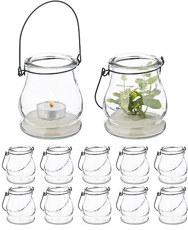 Relaxdays Windlicht, 12er Set, Glas, mit Henkel, innen & außen, Teelichthalter, H x D: 10 x 8,5 cm, transparent/schwarz