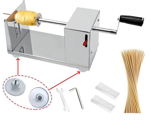Potato Machine,Suction Cup Type Potato Spiral Slicer,Twisted Potato Slicer Spiral,Manual Tornado Spiral Stainless Steel French Fries Cucumbers Carrots Diy Bbq Cutter,Comes With 50 Bbq Bamboo Skewers.