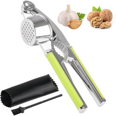 Deepton Knoblauchpresse, 2 In 1 Multifunktional Garlic Press, Knoblauchpressen Edelstahl, Knoblauchschneider Mit Schälhilfe Und Bürste, Knoblauchpresse Spülmaschinenfest Für Knoblauch Nussbaum
