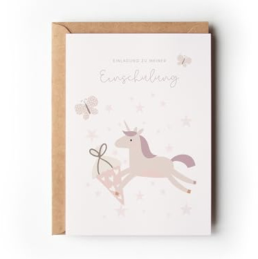10 Einschulung Einladungskarten mit Einhorn-Motiv mit Umschlägen, Rosa Einladung mit Schultüte Schulbeginn Mädchen, Süße Partyeinladung 1. Schultag, Schulstart Einladung Schulkind (Einhorn Rosa)