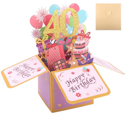 WINKIO 40.Geburtstagskarte Pop Up, 3D Geburtstag Karte mit Umschlag, Happy Birthday Card Kreative Geschenke für Frauen Mama Romantik Jahrgang zum 40. Geburtstag