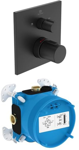 Set aus Ideal Standard A7522XG Ceratherm C100 Wannenthermostat Badethermostat Unterputz, Wannenarmatur mit Temperatursperre bei 40° C, Schwarz + Ideal Standard A1000NU EASY-Box Unterputz-Bausatz