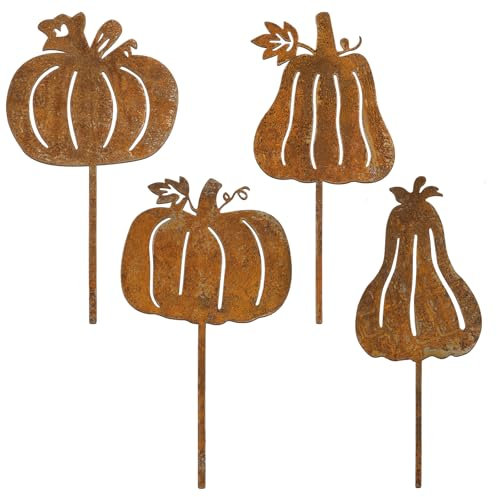 BOFUNX 4pcs Piquet de Jardin Decoratif en Métal Rouillé Décoration de Jardin Automne Citrouille Signes de Jardin Décorations Extérieures Pelouse Terrasse Balcon