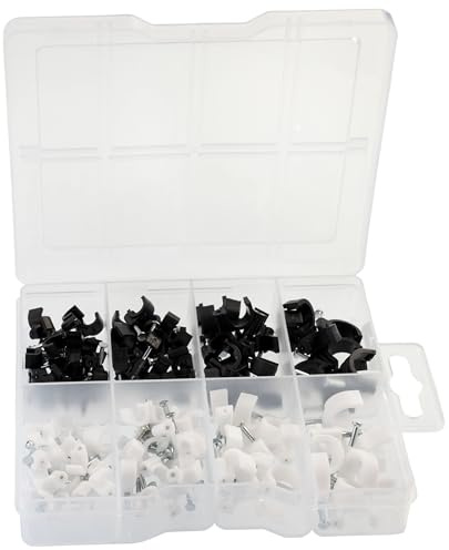 AERZETIX - C76279 - Kit surtido sujetacables bridas de clavar para cable con caja de almacenamiento - clip grapas con clavo de montaje - color blanco y negro - en plástico