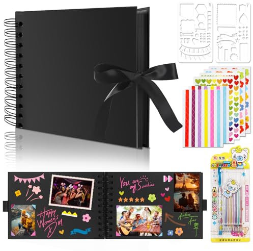 NVGVUP Album Photo Scrapbooking DIY, A5 Livre Photo Noir avec 60 Pages, Souvenirs Album Spirale pour Familles, Anniversaire, Mariage, Voyage, avec Stylo à Paillettes, Autocollants de Couleur