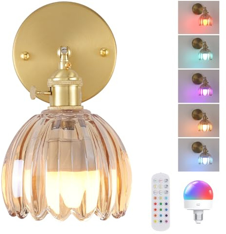 Vintage Battery Operated Wall Sconce, Rechargeable Wall Lamp with Remote Control & 12 RGB Colors - 3 Adjustable Color Temperatures, Dimmable Wireless Wall Lights for Bedroom Bathroom (Amber Tulip)