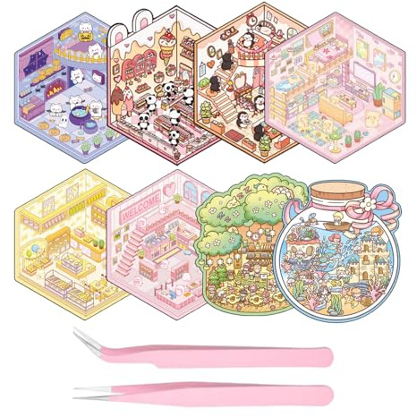 8 Sets DIY 3D Haus Aufkleber Set, Lustige Aufkleber Szenen, DIY Making - Schlafzimmer | Dessert Haus | Restaurant | Kleine Welt, verwendet, um Stress abzubauen und die Zeit zu vertreiben