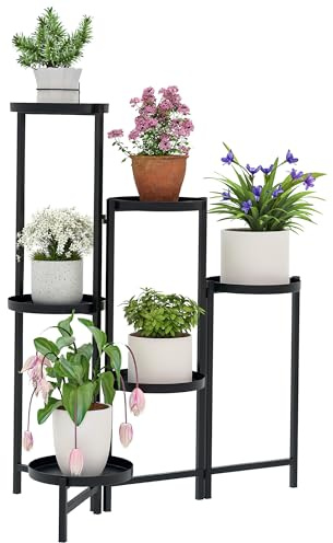 Outsunny 6-Etagen Pflanzenständer mit Tabletten Metall 80cm Hoch Schwarz | Klappbar, Blumenständer für Innen, Pflanzenregal, Mehrstöckig Blumenregal, Blumentreppe, Blumensäule für Garten Balkon