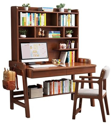 Bureau en bois massif avec bibliothèque intégrée, idéal pour la maison, le bureau ou la chambre à coucher, couleur noyer, chaise incluse, 120 x 60 x 186 cm