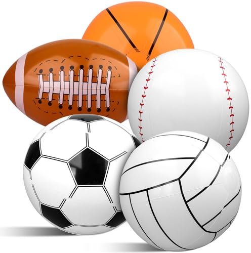 5 Pcs Inflatable Sports Balls 16 Inch Inflatable Beach Ball 5 Styles Blow up Sports Party Decorations Balls Rugby Baseball Basketball Football and Volleyball for Swimming Pool Indoor Outdoor Beach