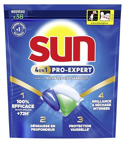 Sun - Pro Expert - Pastilles Lave Vaisselle - Action 4 en 1 - Regular - Elimine 100% des taches brûlées de +72h - dégraissent en Profondeur - 38 Capsules