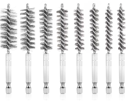 8 Pz Spazzole Metalliche per Trapano, Spazzole per Filo Metallico Rame, Spazzola Cilindrica con Filo d'Acciaio, Spazzola in Acciaio Inox per Lucidare Smerigliare Attacco Esagono 1/4(8-19m）