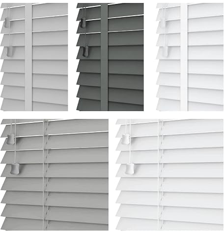 Funky Gadgets Custom Made to Measure Faux Wood Tape Blinds window Venetian Blinds 50mm Horizontal Smooth Slats White Silver/Grey, Charcoal with Tape Child Safe for Home Office (White, W120cmxL150cm)