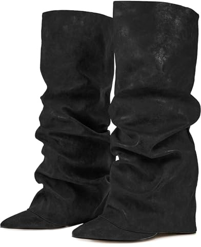 Ceciloroda Fold Over Stiefel Slouch Block Heels Dressy Kniestiefel für Damen Shark Stiefel Pointed Toe Wide Calf Pull on Pleated Fall Schuhe Black Size 38