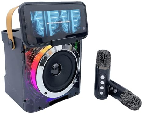 Karaoke 2 Microfonos Inalambricos, Altavoz Bluetooth con Microfono Recargable para Infantil, Portátil Sistema PA de Karaoke con Luces LED para Fiestas y Reuniones en el Hogar, Regalo para Niños