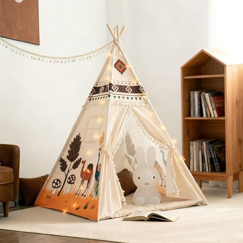 Duwenem Teepee Tent for Kids, Play Tent with Padded Mat & Star Lights, Indoor Play Tent for Girls & Boys, Desert Camel