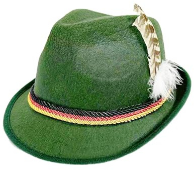 Generisch Herren Trachtenhut mit Feder und Kordel, Bayerischer Hut Jägerhut für Oktoberfest, Hanfkordel, Edelweiß & schmaler Krempe Trachten Party Kostüm Accessoire