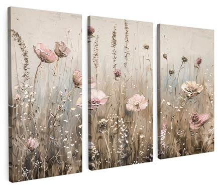 MuchoWow© Bild auf Leinwand 3er Set Schlafzimmer Bilder Badezimmer Wand | 120x80 cm - Deko Wohnzimmer Modern Wanddeko Bilderwand Wandbilder Blumen - Beige - Rosa