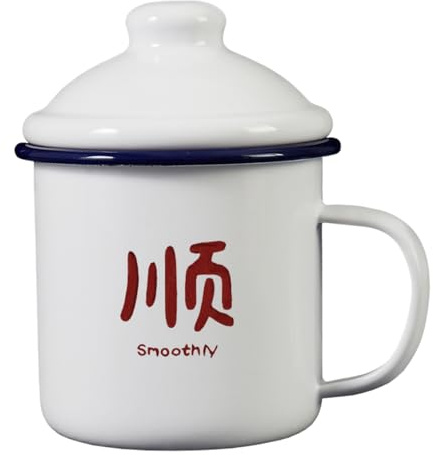 LEEDJUINE Taza esmaltada con tapa, taza de agua de estilo antiguo, 450 ml, taza de té individual resistente al calor para el hogar