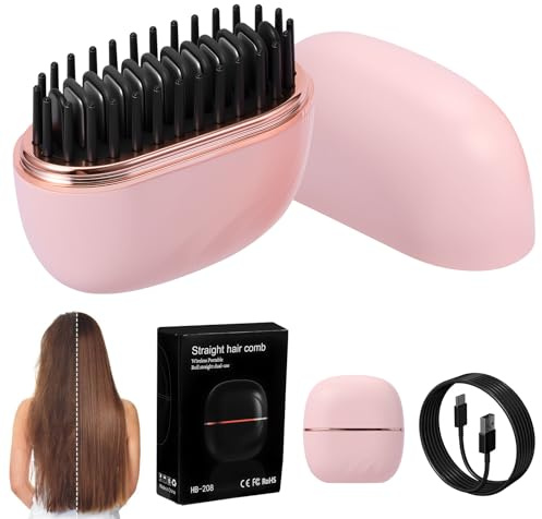 Mini Hair Straightener Portable Rechargeable Cordless Hair Straightener Brush Pink Hair Comb with 3 Level Temperature Control Double Anti-Scald Valentines’ Day Gift for Women