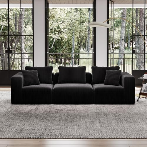 Avenco 106” 3-Seater Modular Sofa, Individually Wrapped Coil Support & Corduroy Fabric, Zero Assembly 3-Piece Set for Apartment, Black