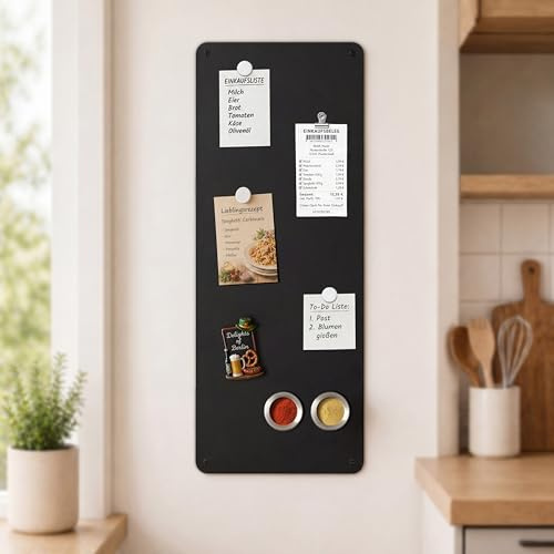 Warasee Magnettafel Küche aus Metall in Schwarz: Informationen im Blick | Matte Magnetboard für Urlaubsmagnete – im Format 30 × 70 cm ideal neben Einbaukühlschränken für Familien & Ordnungsfans
