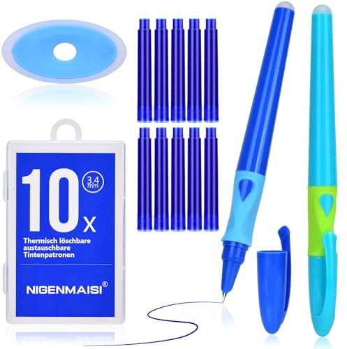 NIGENMAISI Set di 2 penne stilografiche cancellabili blu e verde menta, senza bisogno di un killer di inchiostro, molla protetta, impugnatura ergonomica gommata, inchiostro blu ad asciugatura rapida