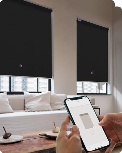 Graywind Smarte Rollos Powered by Motionblinds Tech, 100% Verdunkelung Elektrische Rollos Innen mit App & Manuelle Steuerung, Maßgefertigte Motorisierte Sonnenschutz für Zuhause und Büro, Schwarz