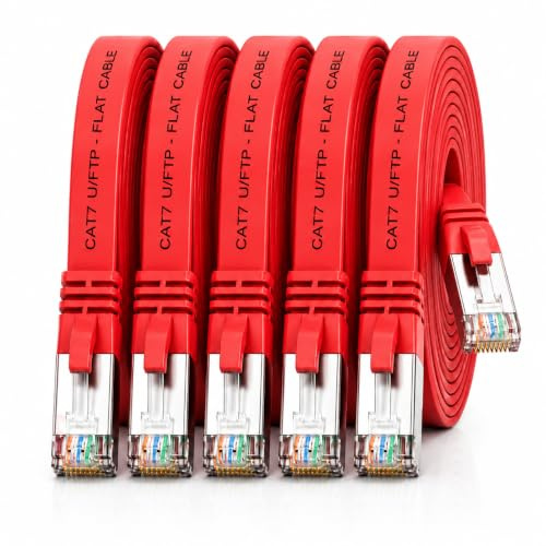 5x CAT7 Lan-Kabel flach 1m U/FTP 10 Gbit/s RJ45 Stecker Cat6a Rot | Flaches U/FTP-Patchkabel bis 10 Gbit/s, kompatibel mit Cat6a/Cat6/Cat5e/Cat5, für Router, Modem, Switch, PC, TV und NAS