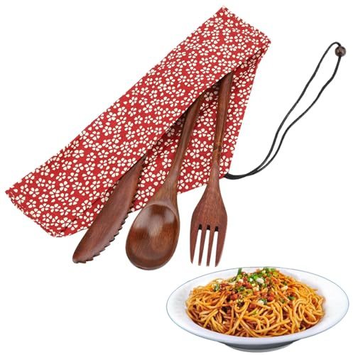 Bambus Geschirr Set, Japanischen Stil Wiederverwendbare Besteck Reisegeschirr Camping Besteck, Messer Gabel Löffel mit Roter Aufbewahrungstasche, Geschenkideen, Aufbewahrungstasche Inklusive