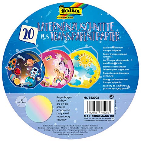 folia 682002 - Laternenzuschnitte Regenbogen, aus Transparentpapier 115g/m² für Rundlaternenrohlinge, Ø 16,8 cm, 20 Stück, zum Basteln von individuellen Laternen