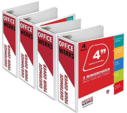 3 Ring Binder, Professional Angle D Ring 4 Inch, Presentation Folder for Standard Pages 8.5 x 11 with Pockets, Crystal Clear View White (4 Pack)