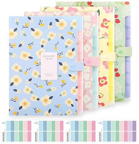 KONVINIT Fächermappe A4 mit 7 Fächer Erweiterbar Dokumentenmappe Document Organizer Floral Ordnungsmappe Organizer Mappe Grosse Kapazität für Haus, Schule und Arbeitsreise,4 Stücke