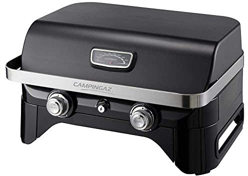 CAMPINGAZ Attitude 2100 LX Barbacoa de gas, barbacoa de mesa portátil con 2 quemadores de acero, 5 kW de potencia, para camping con tapa, termómetro y parrilla de hierro fundido, 2000038741