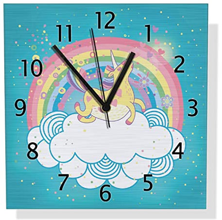 Wallario Design Wanduhr Lustiges Einhorn auf Einer Wolke vor Regenbogen aus Aluverbund, Alu-Uhr Größe 30 x 30 cm, Schwarze Zeiger mit Metalloptik