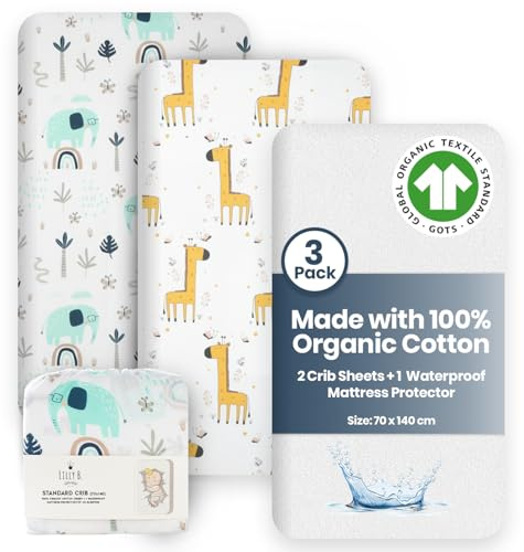 Bettlaken 70x140 Kinderbett Spannbettlaken aus Bio-Baumwolle 2+1, Wasserdichter Matratzenschoner, Kompatibel mit Next2me, Snuzpod und Allen Beistellbetten, Mini-Kinderbett bis 70x140, Packung mit 3