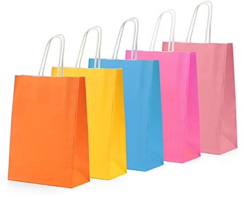 ZEONHAK 50 PCS Colourful Kraft Paper Gift Party Bags with Handles, 21x15x8cm Coloured Tote Paper Shopping Bags for Party, Wedding,5 Mixed Colours
