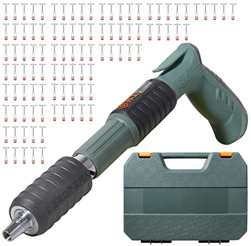 Rivet Gun Pistolet À Clous En Acier Avec Ronds 50/100/200 Pièces Defense Electrique Cloueur Riveter Pour Fixation Murale Au Plafond Avec Gants, Lunettes, Clés, Bouchons D'oreilles,100 Nails