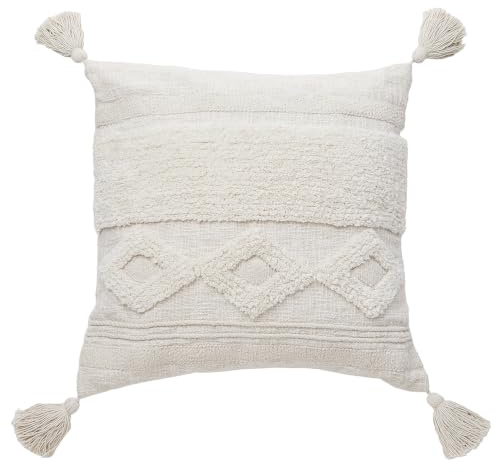 BUTLERS Dekokissen 50x50 cm Baumwolle - Formentera - Boho Stil | Farbe Beige - Zierpolster für Couch - Couchkissen für Wohnzimmer - Ethnomuster mit Troddeln