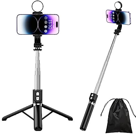 H.May Perche Selfie avec Lumière, 4 en 1 Rechargeable Perche Selfie Trépied Renforcé et Stable Tige Télescopique, 130cm Selfie Stick Trépied Compatible avec iPhone, Android, Gopro, Camera