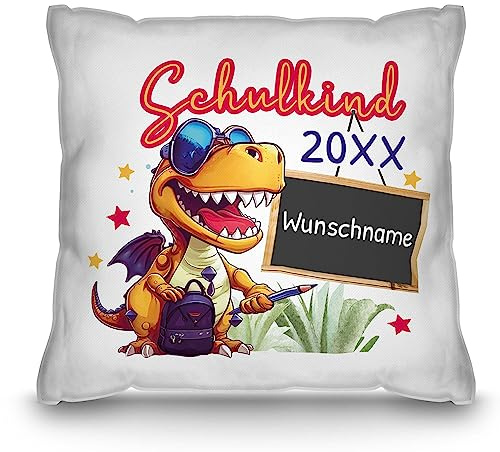 Print Royal PR Kissen zur Einschulung selbst gestalten - Schulkind mit Name und Jahr personalisiert - Dino Kissen, personalisierte Geschenke zur Einschulung | Weiß Polyester, 40 x 40 cm