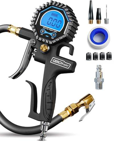 GERCHWAY Digitaler Druckluft-Reifenfüller 0–14 bar mit Manometer für Auto | Reifendruckprüfer, ±1 % vom Endwert, 360°-Kopf, Quick-Connect, langer Schlauch, LCD-Licht, Entlüftung, Auto-Off, bar/PSI/kPa