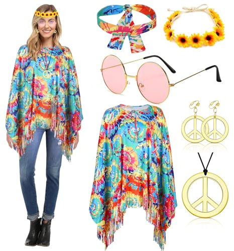 YADODO Hippie Kostüm Damen Poncho Set mit Hippie Accessoires 60er 70er Jahre Bekleidung Frau Boho Flower Power 70er Mode Disco Outfit Damen Faschingskostüme