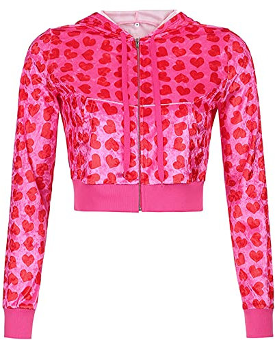 RTGSE Damen Reißverschluss Velvet Hoodies Cropped Heart Print Kapuzenpullover Sweatshirt süße rosa Kurzer Hoodie Mantel 90er Streetwear (A Pink, L)