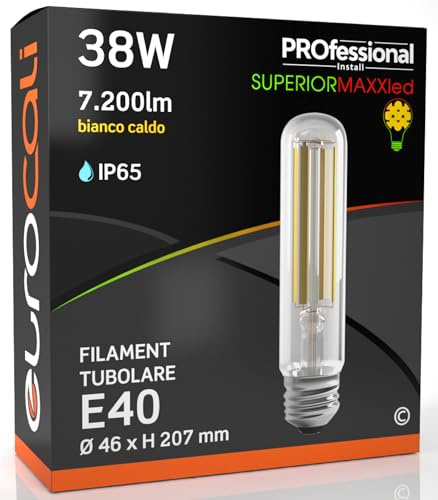 Eurocali Lampada LED E40 38W Tubolare 7200 lumen Filamento Bianco Caldo 3000K - Sostituzione Alogenuri Metallici - Alta Efficienza 189 lm/W - Impermeabile IP65 - diffusore in vetro trasparente