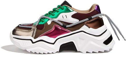LUCKY STEP Sneakers Donna con Zeppa – Scarpe Chunky Dad retrò, Scarpe Moda con Blocchi di Colore per Tutti i Giorni e Passeggiate (Marrone/colorato, 8US-38EU-5UK)