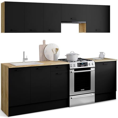 IDMarket - Cuisine complète 240 cm Subtil avec Plan de Travail 7 éléments Bois et Noir